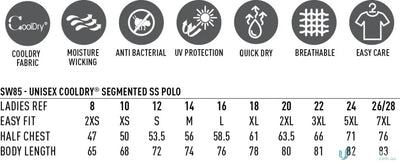 Clothing size chart for SW85 Unisex CoolerDry Segmented Polo with matching colour buttons