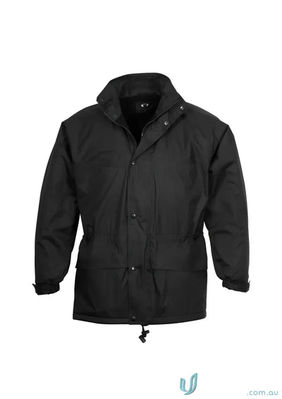 Unisex Trekka Jacket with high wind collar, waterproof, snap closures, and adjustable drawstrings