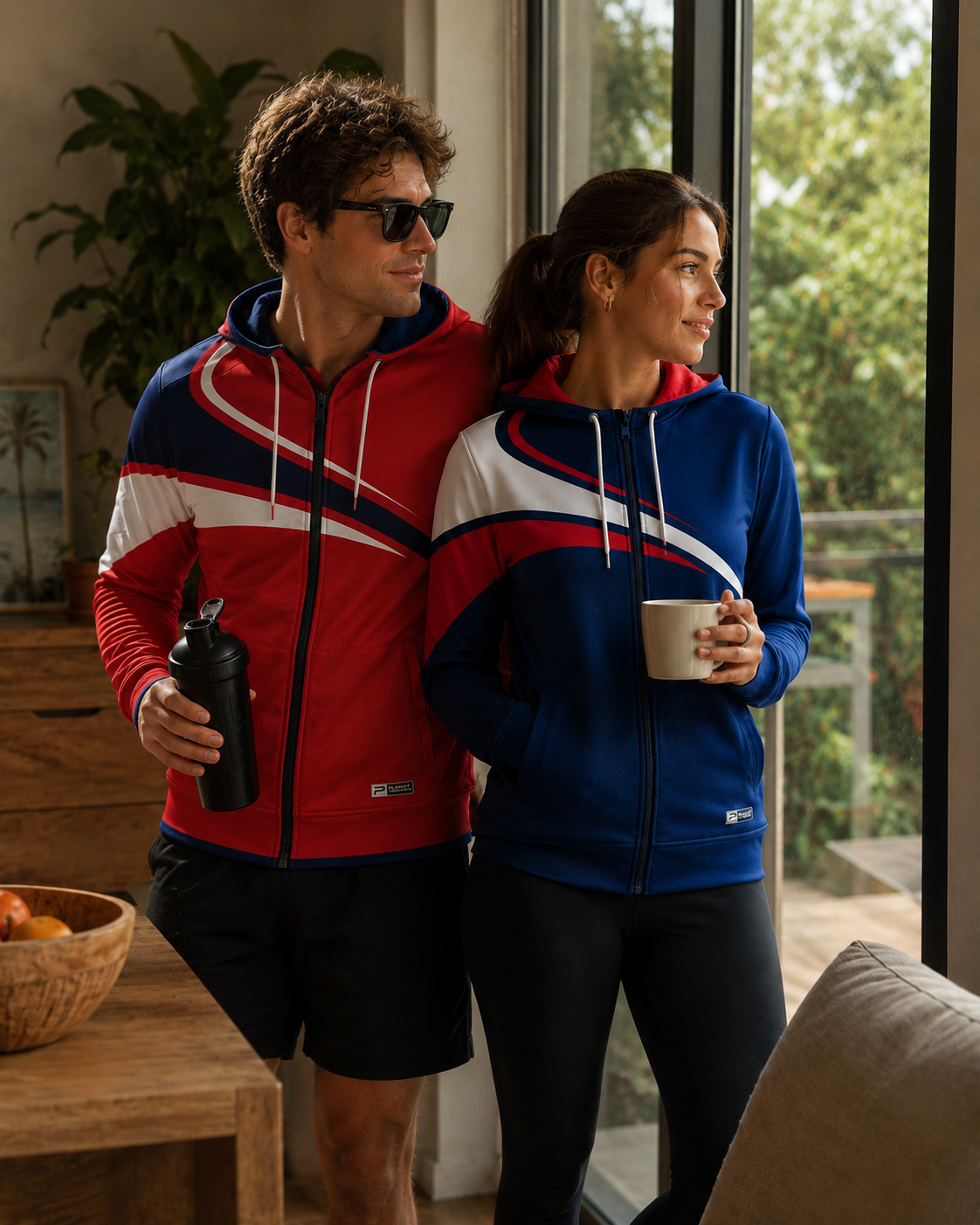 Two people wearing red and blue hoodies with a white stripe, standing indoors.