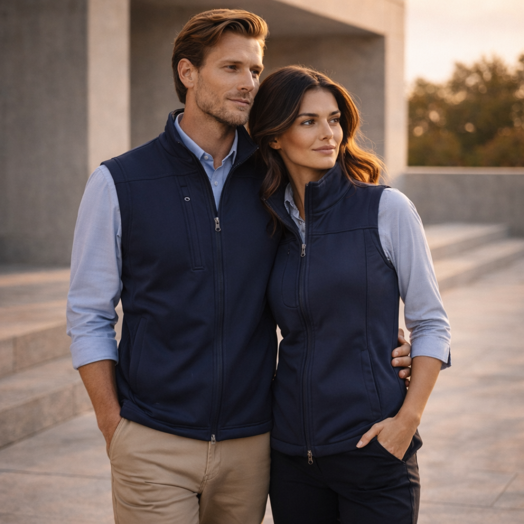 Navy blue zip-front UTech SoftShell Vest for men, biz tech, stay warm