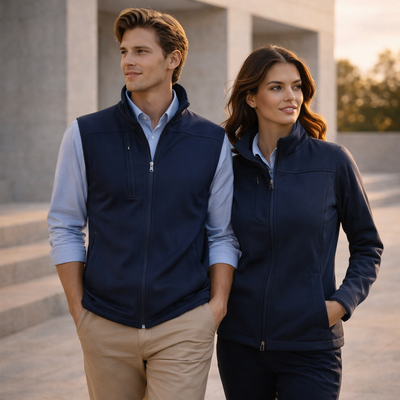 Navy blue zip-front UTech SoftShell Vest, mens softshell vest to stay warm
