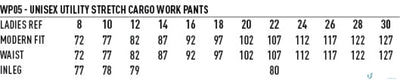 Sizing chart for Utility Stretch Cargo Work Pants showing Ladies sizes, fit, waist, and Inleg measurements