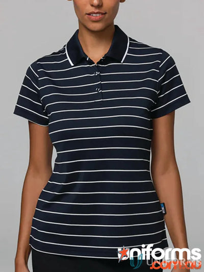 Vaucluse Lady Polo shirt with navy blue fabric, white stripes, and white collar