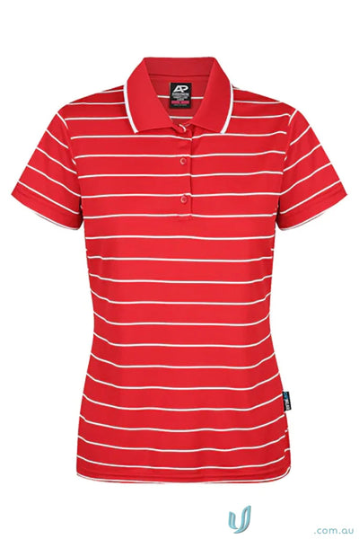 Vaucluse Lady Polo in red and white striped fabric, perfect for uniforms or casual polo wear