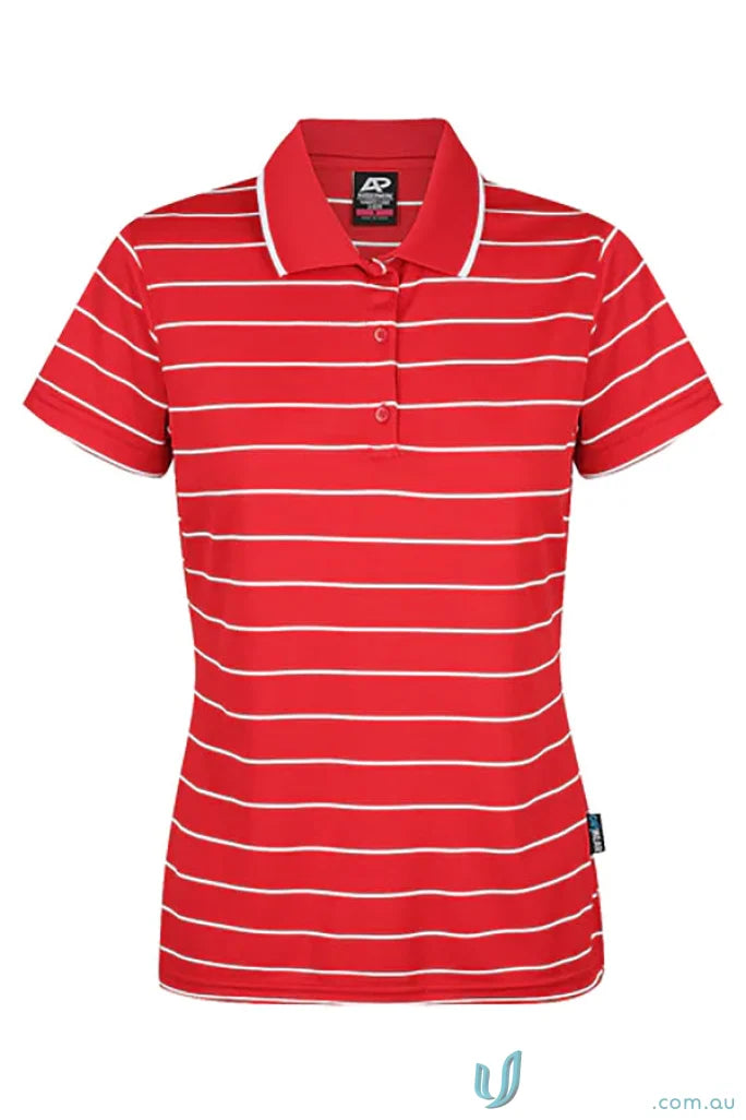 Vaucluse Lady Polo in red and white striped fabric, perfect for uniforms or casual polo wear