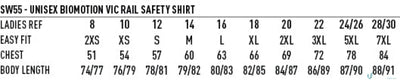 Unisex VIC Rail Lightweight Safety Shirt size chart for keeping cool on the job
