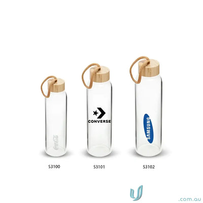 Glass water bottles with wooden lids in an individual white box, made of borosilicate glass with natural bamboo