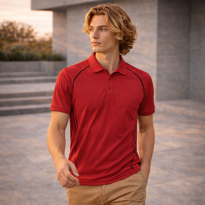 Viewbank Polo red mens cyber polo with black stitching