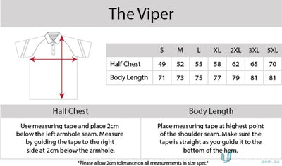 Clothing size chart for Viper SS Polo showcasing cooldry moisture management technology