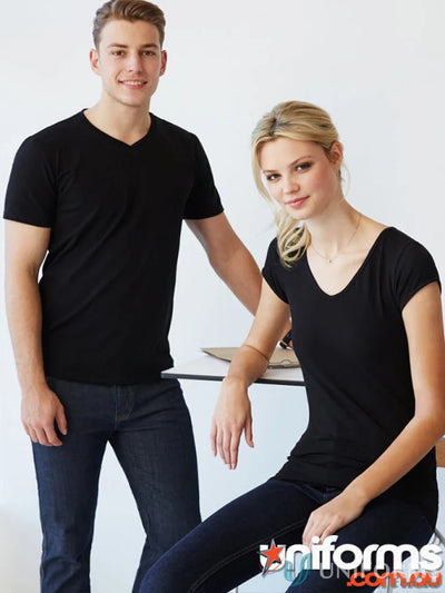 Two people rocking black V-neck Viva Tee shirts showing off the winning spirit t403m