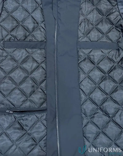 Dark grey waterproof quilted jacket with zipper and pockets, perfect for stay dry workwear