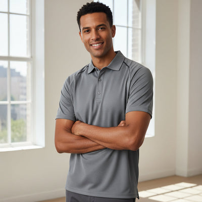 Man in Watsonia Polo gray cyber polo short-sleeve textured shirt