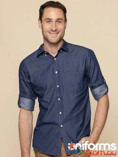 Men’s long sleeve denim dobby shirt with rolled cuffs, perfect for uniforms