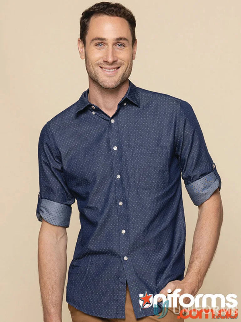 Men’s long sleeve denim dobby shirt with rolled cuffs, perfect for uniforms