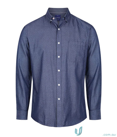 Men’s Wellington Denim Dobby LS Shirt in navy with subtle polka dots and a chest pocket