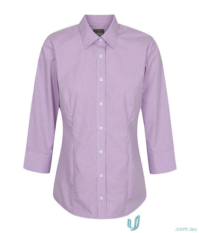 Lavender and white checkered Westgarth Gingham 3Q Shirt with easy iron silk protein feel