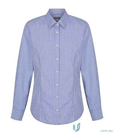 Women’s long-sleeved blue and white gingham shirt with classic collar perfect for workwear and uniforms in large sizes