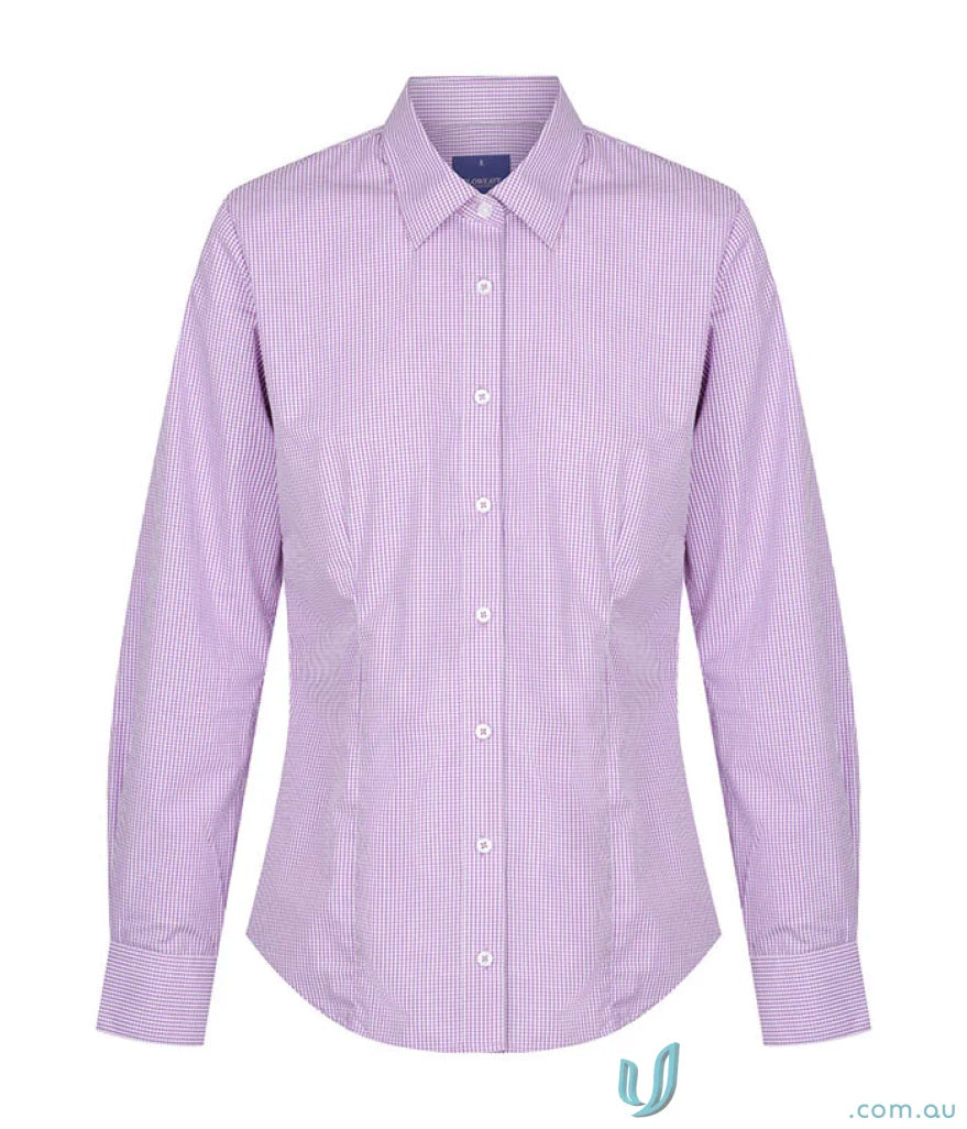 Lavender and white gingham long-sleeved shirt with classic collar ideal for workwear and uniforms in large sizes