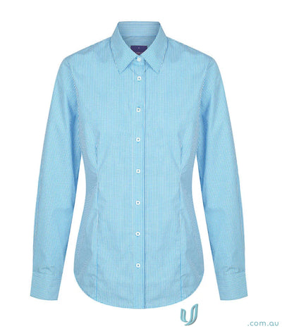 Light blue and white fine-striped women’s long-sleeved button-down shirt perfect for workwear and uniforms