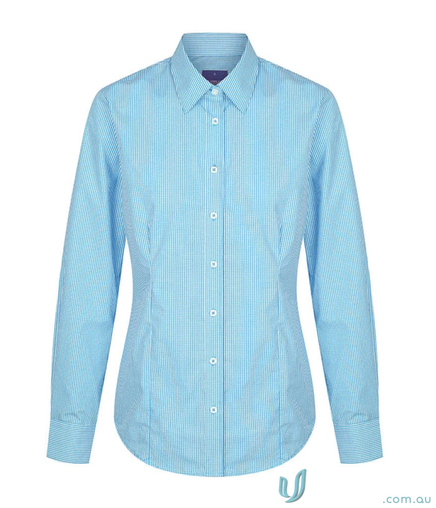 Light blue and white fine-striped women’s long-sleeved button-down shirt perfect for workwear and uniforms