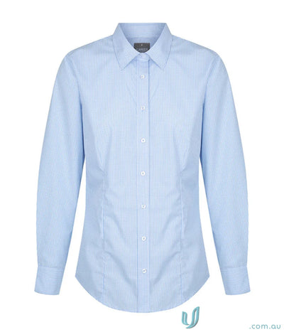 Light blue womens workwear button down shirt with subtle vertical pinstripes perfect for uniforms and work uniforms