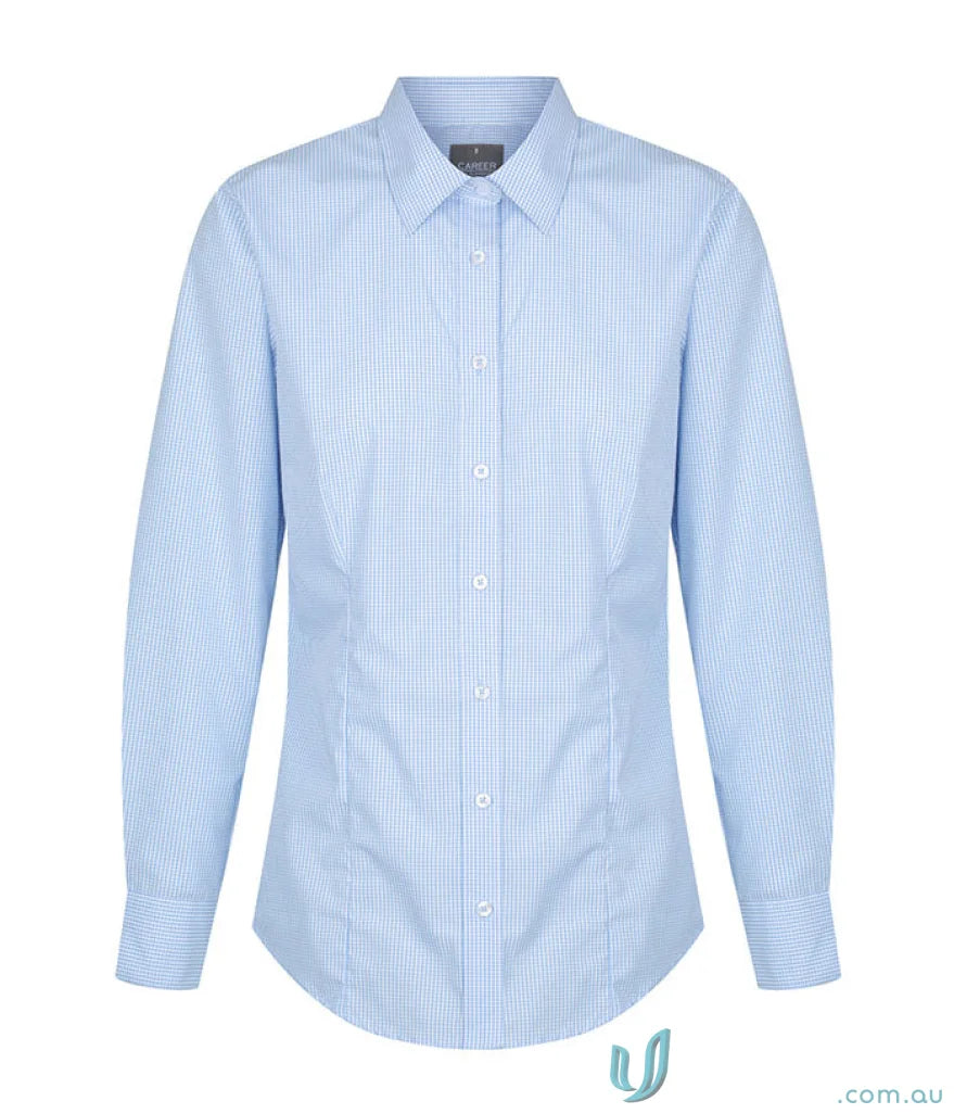 Light blue womens workwear button down shirt with subtle vertical pinstripes perfect for uniforms and work uniforms