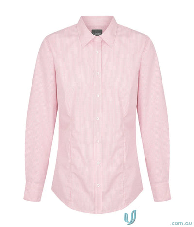 Pink and white striped long-sleeve button-down shirt with classic collar perfect for workwear and uniforms in large sizes