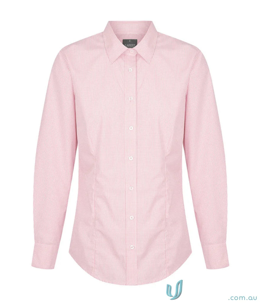 Pink and white striped long-sleeve button-down shirt with classic collar perfect for workwear and uniforms in large sizes