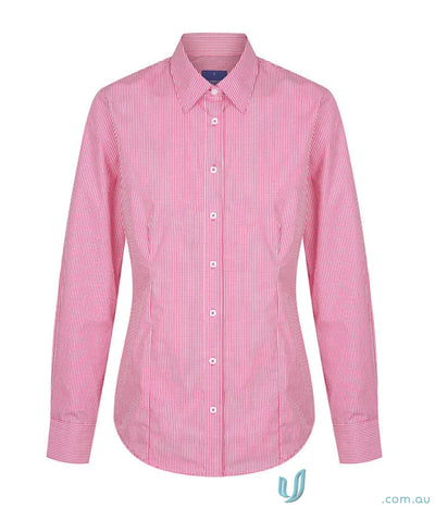 Pink and white fine-striped westgarth gingham long-sleeved shirt perfect for workwear and uniforms in large sizes