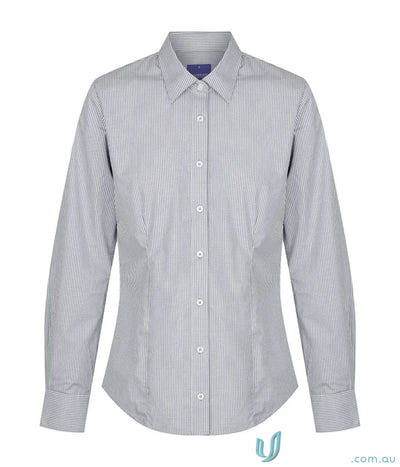 Women’s Westgarth gingham LS shirt with gray white pinstripes classic collar perfect for workwear and uniforms