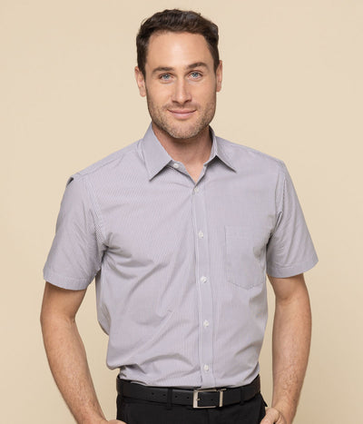 Man in Westgarth 1637s gingham SS shirt with silk protein finish