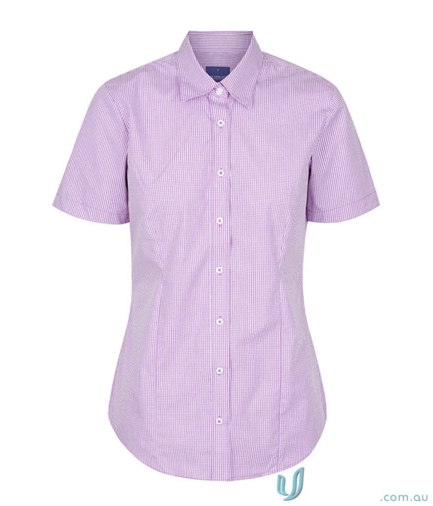 Lavender striped short-sleeve Westgarth Gingham SS Shirt made with silk protein, easy iron