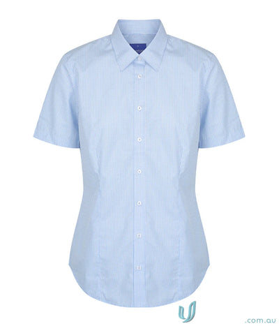 Light blue striped short sleeve Westgarth Gingham SS Shirt made with easy iron silk protein