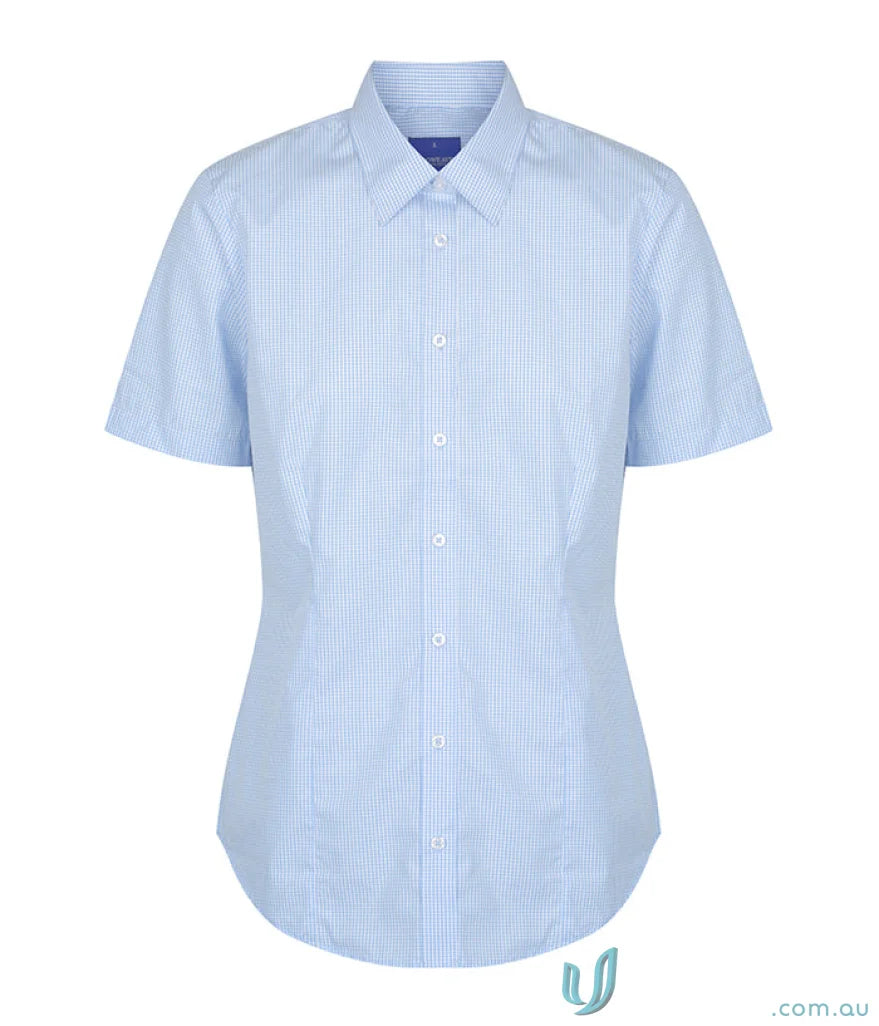 Light blue striped short sleeve Westgarth Gingham SS Shirt made with easy iron silk protein
