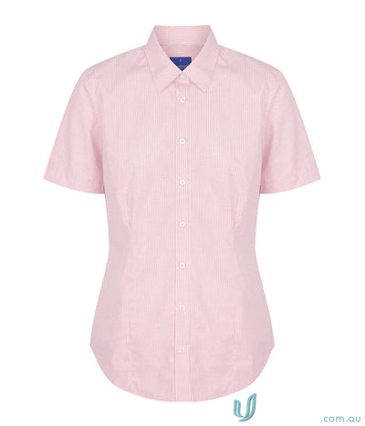 Pink and white striped short sleeve Westgarth Gingham SS Shirt made with silk protein and easy iron