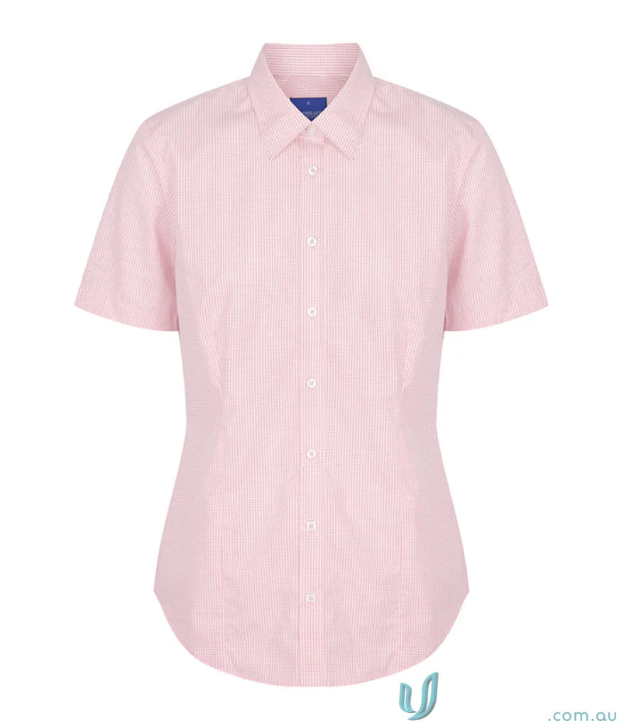 Pink and white striped short sleeve Westgarth Gingham SS Shirt made with silk protein and easy iron