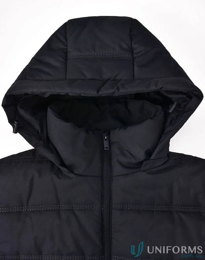 Black hooded puffer jacket from Winning Spirit 3D Cut Sustainable Seamless Parka with certified recycled PET and durable water-repellent fabric