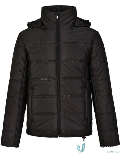 Black quilted hooded puffer jacket from Winning Spirit 3D Cut sustainable seamless parka with certified recycled pet and durable water-repellent features