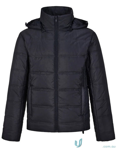 Black hooded puffer jacket from Winning Spirit 3D Cut sustainable seamless parka with certified recycled pet and durable water-repellent fabric