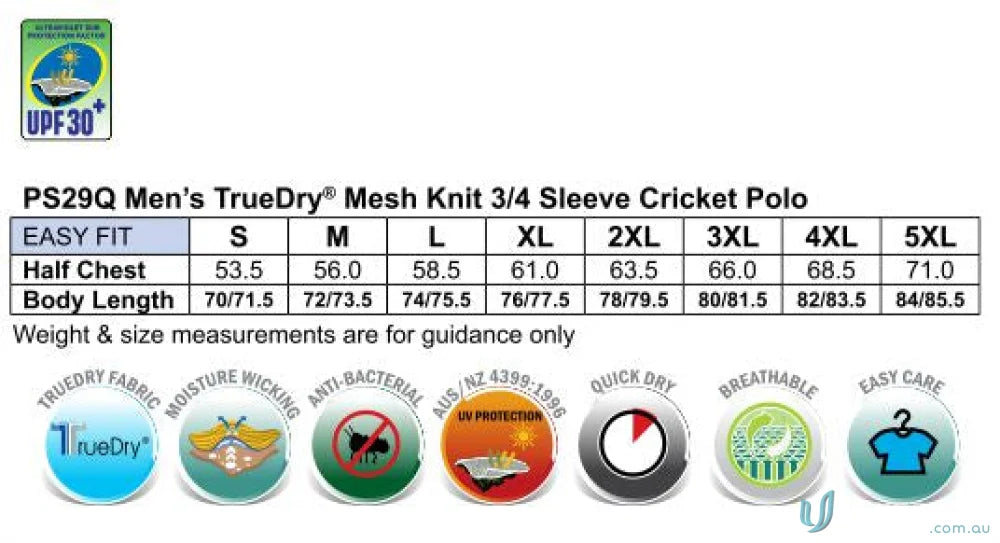 Mens polo shirt size chart for Winning Spirit 3Qtr Cricket Polo made with Truedry® Cotton