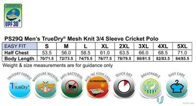 Mens polo shirt size chart for Winning Spirit 3Qtr Cricket Polo made with Truedry® Cotton
