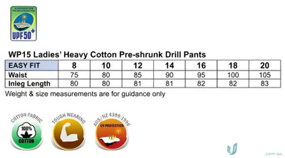 Ladies Heavy Cotton Pre-shrunk Drill Pants Size Chart for Spirit AIW Cargo Pants