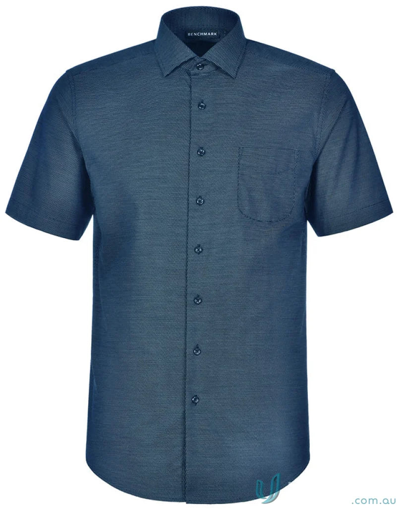 Blue dot jacquard shirt with short sleeves and ascot for men’s short style