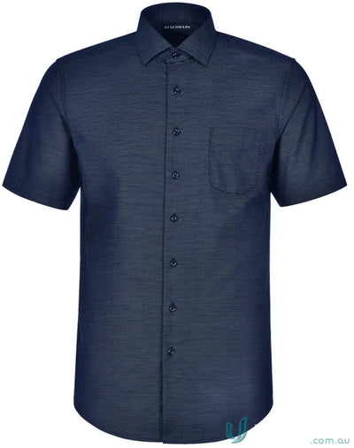 Navy blue dot jacquard ascot men’s short sleeve shirt for stylish summer looks