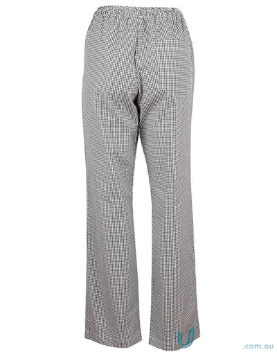 Black and white gingham cp01 chefs pants with elastic waistband and patch pocket