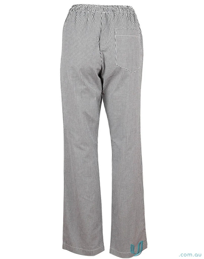 Black and white gingham cp01 chefs pants with elastic waistband and patch pocket