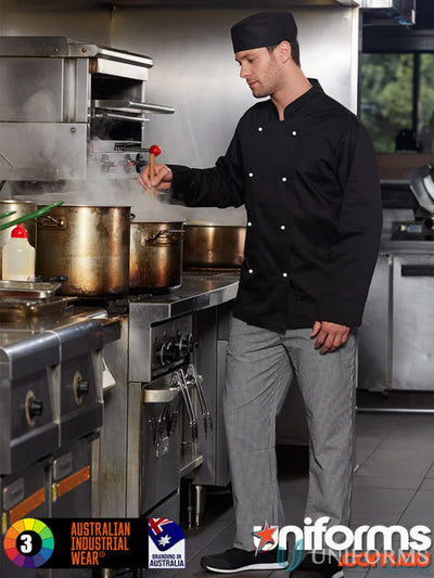 Male chef in black jacket and pinstriped pants wearing cp01 chefs pants with elastic waistband