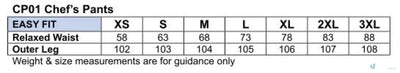 Size chart for Winning Spirit CP01 Chefs Pants with elastic waistband and patch pocket