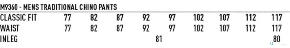 Men’s chino size chart for Winning Spirit Chino Pants m9360 men’s chino style