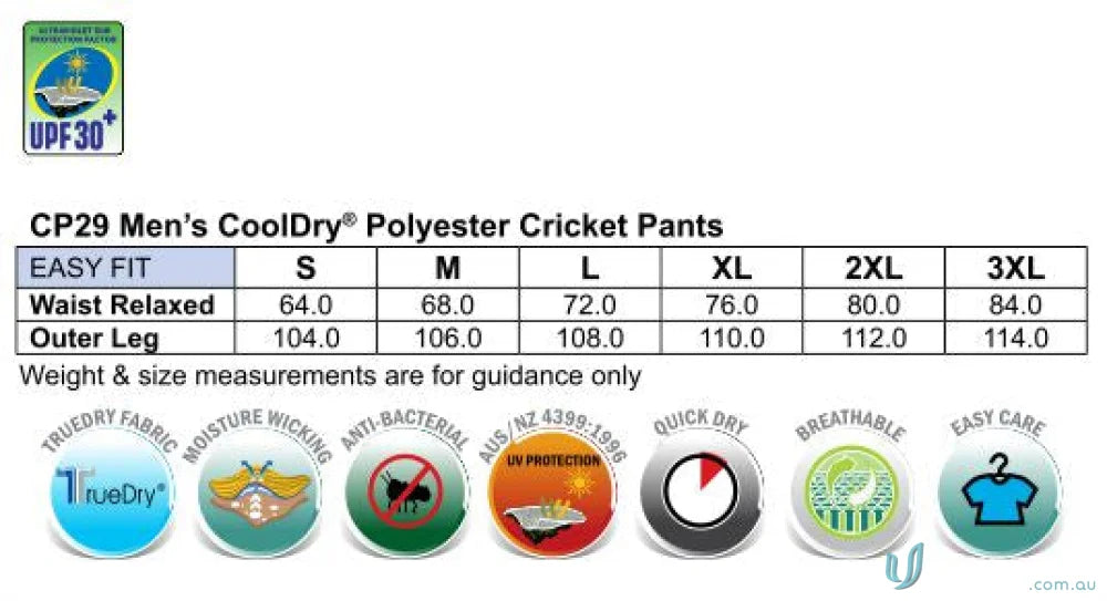 Mens cricket pants size chart and features of Winning Spirit CoolDry Cricket Pants CP29